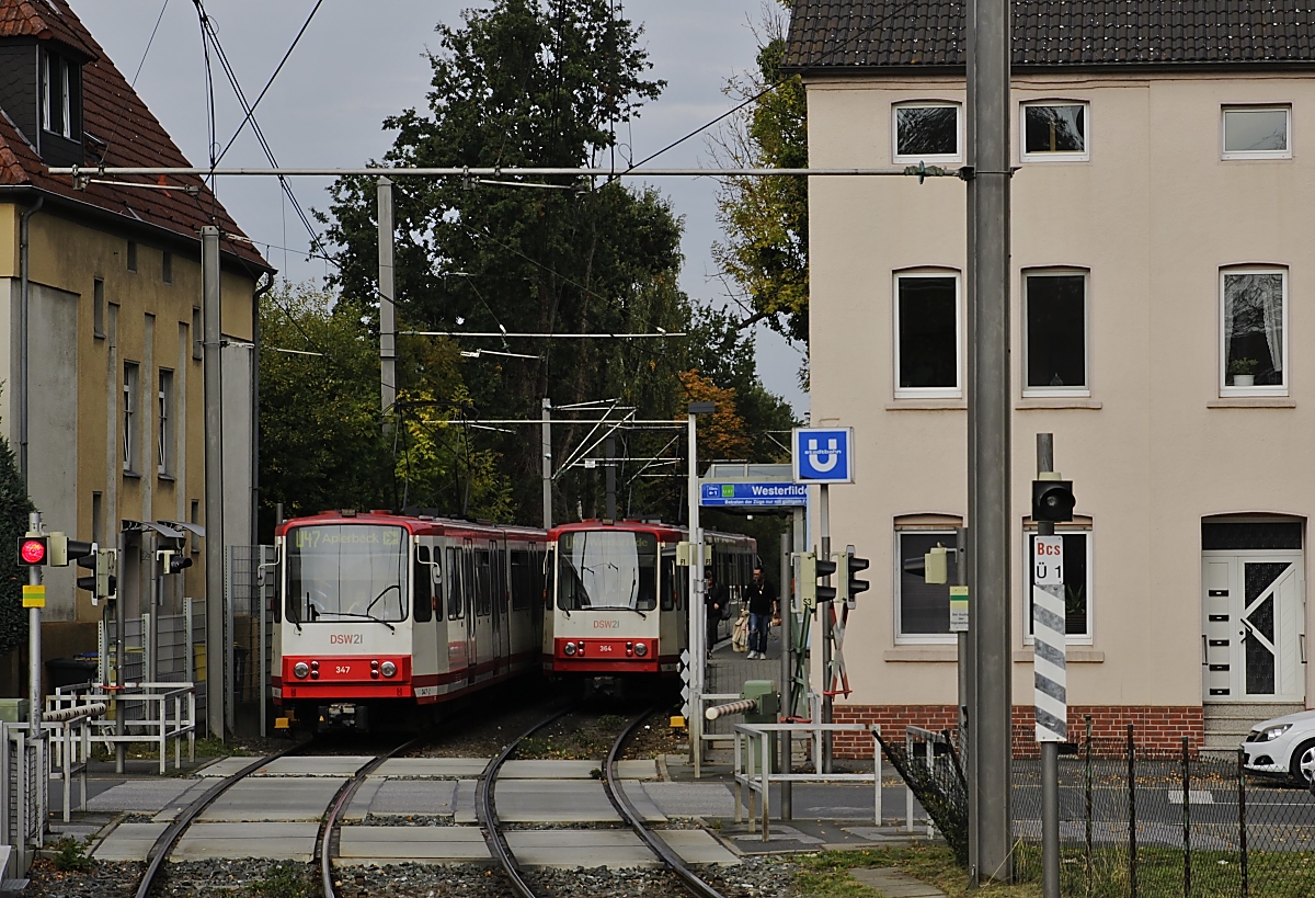 Die B80C/8 347 und 364 kreuzen sich am 15.10.2019 an der Haltestelle Buschstraße in Dortmund-Huckarde (Teleaufnahme vom Bahnsteig aus)