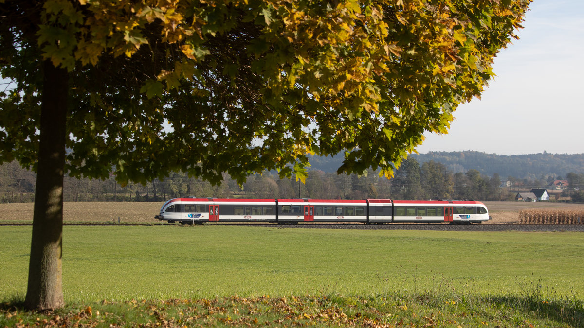 Die Bäume beginnen sich zu Färben ,.... 
Der Wunderbare Herbst wird uns kurze Zeit begleiten. 
EIn GTW 2/8 am 22.10.2020 bei Bergla 