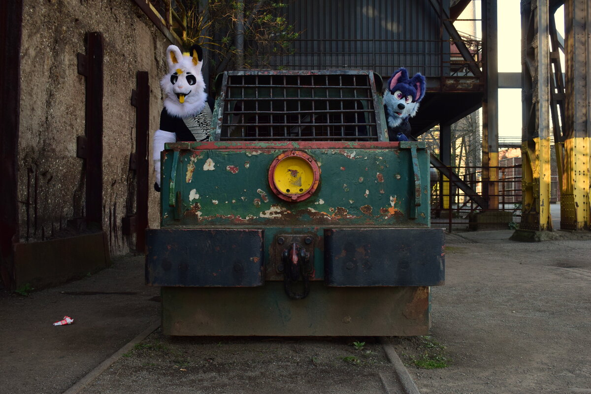 Die Bahn und Tiere mal anders. Das Furry Fandom und die Eisenbahn kombiniert. Fons links und Myrion rechts auf der kleine 1000mm Werkslok im Landschaftspark Duisburg.

DUisburg 19.03.2022