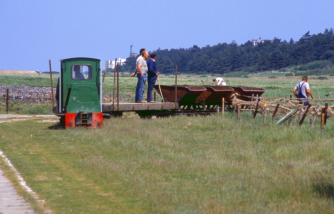 Die Bahn zu den Feldern der Neuland-Gewinnung zwischen Cuxhaven Sahlenburg und Spieka hatte ihren  Betriebsmittelpunkt  in Arensch. Aufnahme dort vom 25.05.1989.