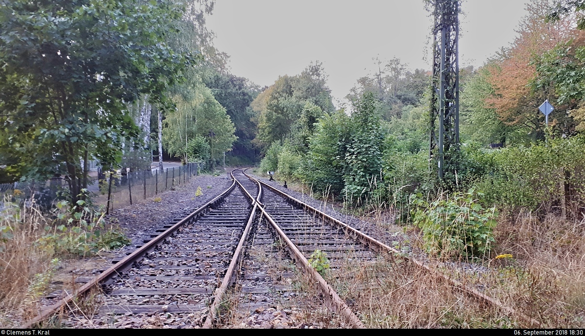 Die Bahnstrecke Halle Klaustor–Hettstedt (6800), auch als Halle-Hettstedter-Eisenbahn (HHE) bekannt, ist zum Großteil stillgelegt. Der Verein “Freunde der Halle-Hettstedter-Eisenbahn e.V.” hat es sich aber zur Aufgabe gemacht, Teile der HHE als historische Strecke zu reaktivieren. Am 28.4.2017 erfolgte die Wiedereröffnung des Teilstücks vom Heidebahnhof zum Bahnhof Halle-Dölau. Planmäßiger Verkehr findet aber noch nicht statt.
Blick vom Heidebahnhof in Halle-Dölau auf die Gleise Richtung Bahnhof Halle-Dölau.
Aufgenommen vom Bahnübergang in der Semmelweisstraße. Koordinaten: 51°30'10.6 N 11°53'11.1 E
[6.9.2018 | 18:30 Uhr]