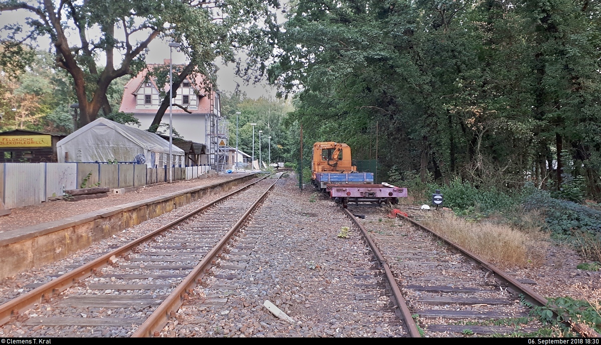Die Bahnstrecke Halle Klaustor–Hettstedt (6800), auch als Halle-Hettstedter-Eisenbahn (HHE) bekannt, ist zum Großteil stillgelegt. Der Verein “Freunde der Halle-Hettstedter-Eisenbahn e.V.” hat es sich aber zur Aufgabe gemacht, Teile der HHE als historische Strecke zu reaktivieren. Am 28.4.2017 erfolgte die Wiedereröffnung des Teilstücks vom Heidebahnhof zum Bahnhof Halle-Dölau. Planmäßiger Verkehr findet aber noch nicht statt.
Blick auf den Heidebahnhof in Halle-Dölau mit abgestelltem Gleiskraftwagen SKL 25 und zwei weiteren Wagen des Vereins.
Aufgenommen vom Bahnübergang in der Semmelweisstraße. Koordinaten: 51°30'10.6 N 11°53'11.1 E [6.9.2018 | 18:30 Uhr]