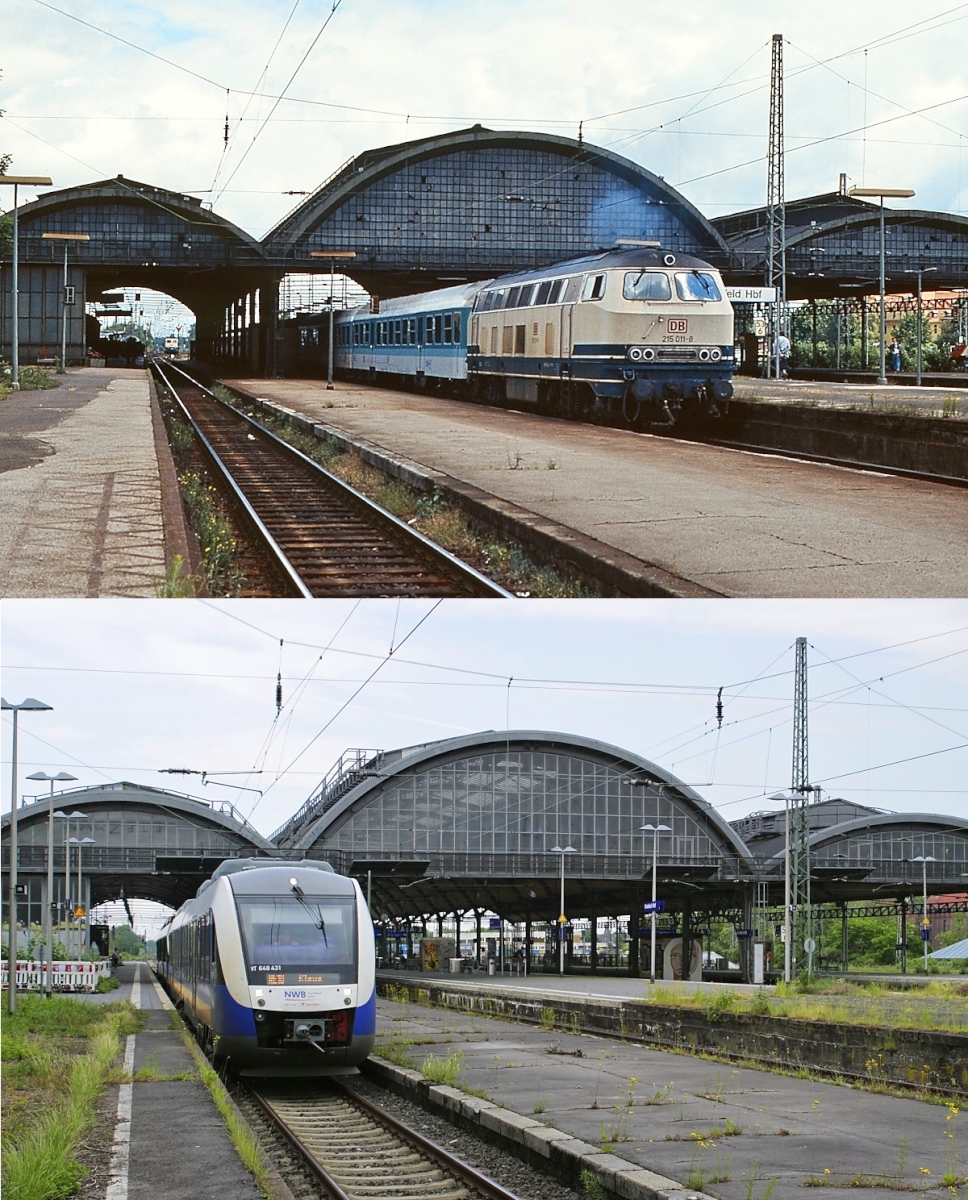 Die Bahnstrecke von Krefeld nach Kleve einst & jetzt: Auf dem oberen Bild verlässt 215 011-8 im Sommer 1992 den Krefelder Hauptbahnhof in Richtung Kleve, darunter fährt der NordWestBahn-VT 648 431 am 03.06.2021 aus. Groß verändert hat sich hier nichts, sieht man einmal davon ab, dass die Bahnhofshalle saniert wurde und die Bahnsteige grüner sind.