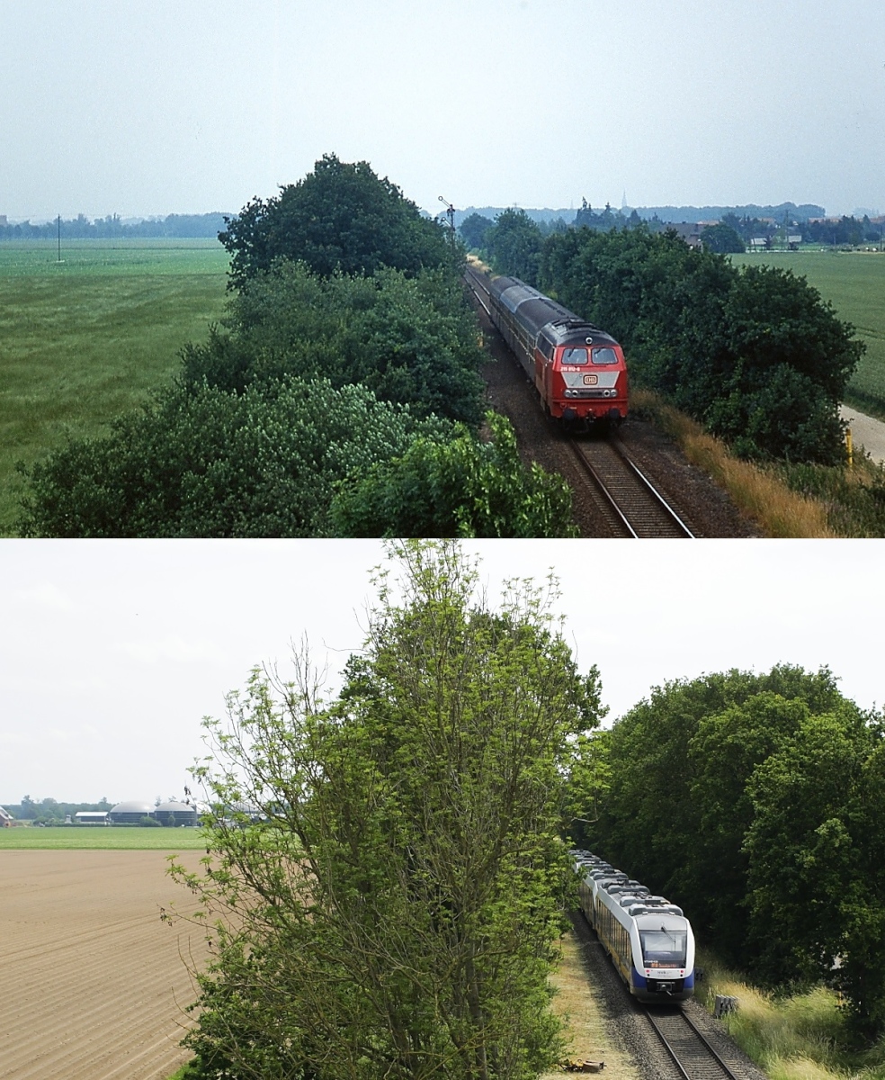 Die Bahnstrecke von Krefeld nach Kleve einst & jetzt: Oben fährt eine 215 im Sommer 1992 mit einem Zug nach Kleve am Einfahrsignal von Weeze vorbei, darunter der Blick auf eine VT 648-Dreifachtraktion am 19.06.2021, die auf dem Weg nach Düsseldorf ist. Eigentlich war noch eine Vergleichsaufnahme in die Gegenrichtung geplant, dies verhinderte aber das inzwischen undurchdringliche Grün an der Straßenböschung...