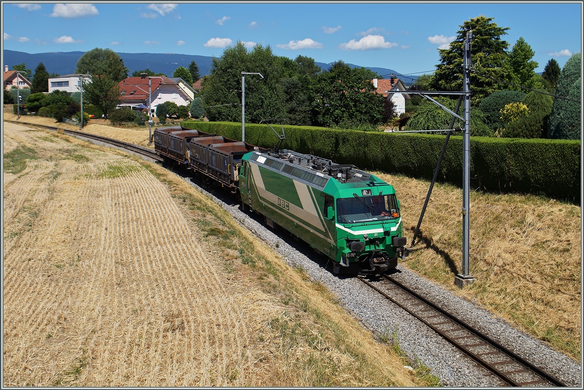 Die BAM Ge 4/4 21 mit einem Güterzug zwischen Le Marais und Vufflens-le-Château.
21. Juli 2015