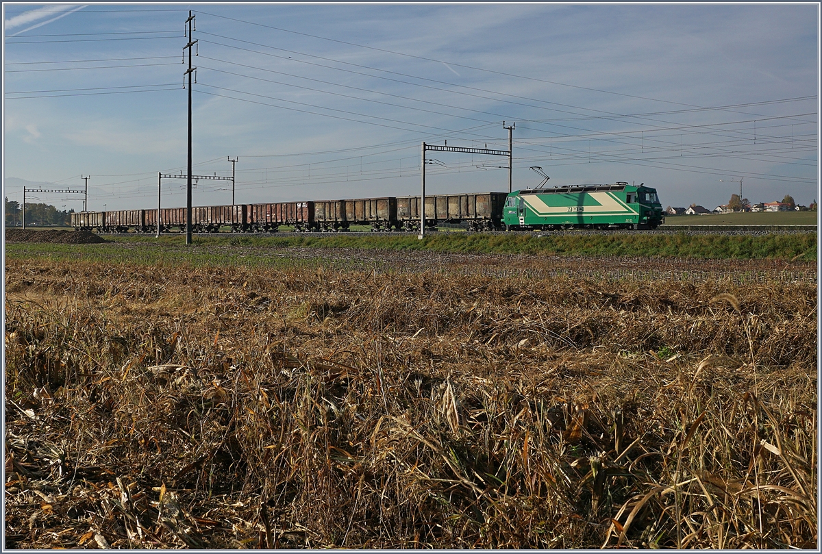 Die BAM MBC Ge 4/4 21 wartet in Chigny mit ihren leeren Zuckerrüben Eaos auf die Weiterfahrt Richtung Apples.
17. Okt. 2017
