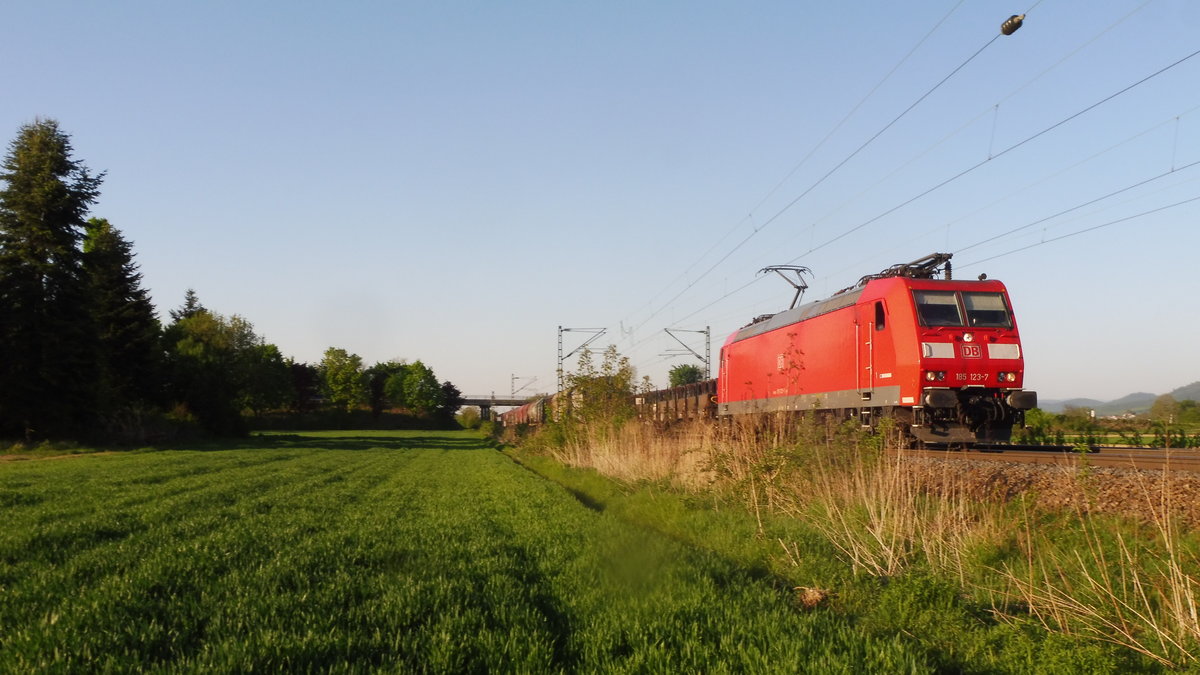 Die Baureihe 185 mit der Nummer 123 durfte mir am 23.04.2020 oberhalb von Lahr(Schw.) bei Hugsweier unter die Linse fahren. Sie zog einen gemischten Güterzog Richtung Basel. | 185 123-7