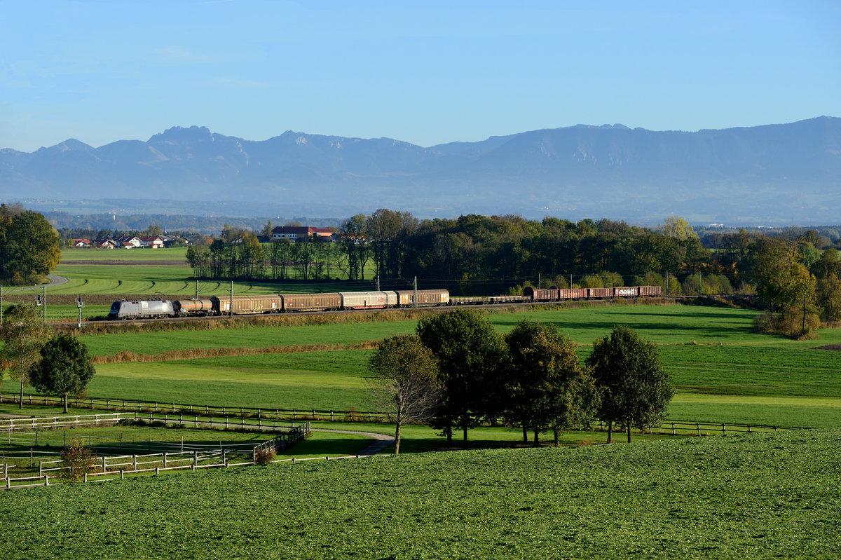 Die baustellenbedingte Sperre der Tauernbahn machte dieses Photo möglich: Mit ordentlicher Verspätung aufgrund der Umleitung über Selztal und die Ennstalbahn konnte der DG 45808 von Villach Süd Gvbf nach München Nord Rbf am späten Nachmittag des 24. Oktober 2015 bei Aubenhausen fotografiert werden. Die Beförderung auf dem gesamten Laufweg oblag der Siemens-Werbelok 1116.141. Ein normaler roter Ochse hätte dem Motiv zwar gut getan, aber die passende Länge des gemischten Güterzuges und das warme Abendlicht, verbunden mit passabler Fernsicht machen das Manko wieder wett....