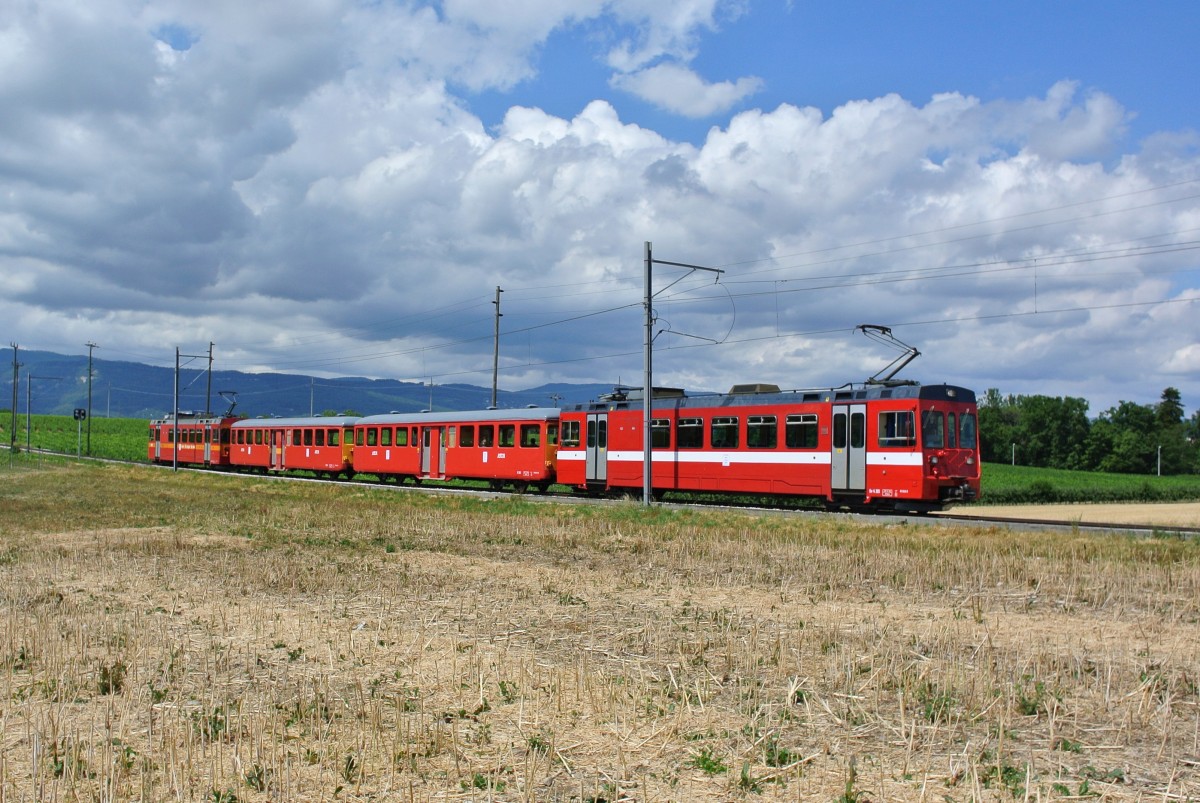 Die beiden alten Mitteleinstiegswagen (ex. BD, ex. BTI, Jg. 1949!) kommen nur noch usserst selten zum Einsatz, aktuell (Palo Festival) wahrscheinlich zum letzten mal berhaupt. Im Bild ist der  Train navette  L'Asse - Nyon, bestehend aus Be 4/4 205, B 342, B 341 und Be 4/4 204, zwischen la Vuarpillire und les Plantaz, 23.07.2015.