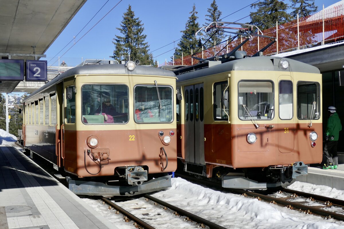 Die beiden Be 4/4 21 und 31  Lisi  bei der Kreuzung im Bahnhof Winteregg.