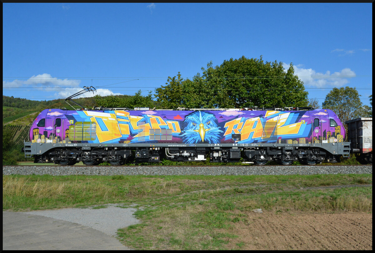 Die beiden EURO9000, ELP 2019 317-7  DISPO TF RAIL  (gelb) & ATLU 2019 404-3  DISPO RAIL  (violett), bef�rderten am 01.09.2026 einen langen Ganzzug E-Wagen (RailCargo Austria) bei Th�ngersheim durch das Maintal.