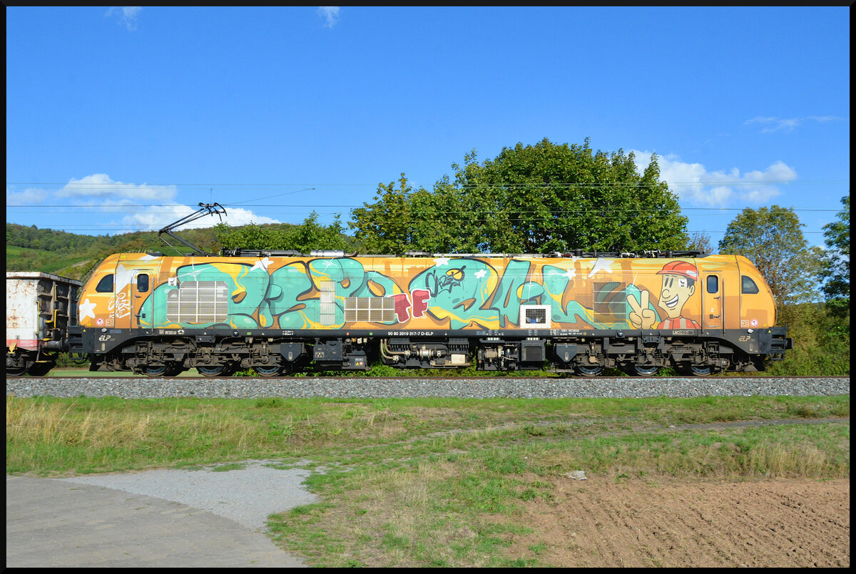 Die beiden EURO9000, ELP 2019 317-7  DISPO TF RAIL  (gelb) & ATLU 2019 404-3  DISPO RAIL  (violett), bef�rderten am 01.09.2026 einen langen Ganzzug E-Wagen (RailCargo Austria) bei Th�ngersheim durch das Maintal.