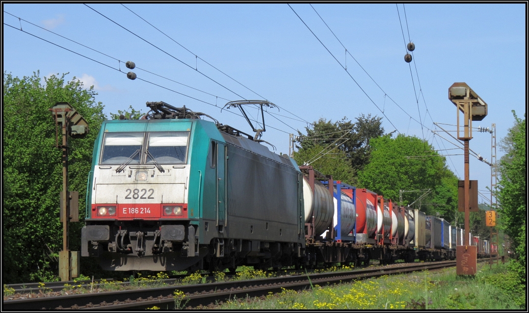 Die belgische 2822 zieht ihren Aufliegerzug die Rampe hinauf zum Gemmenicher Tunnel,hier zu sehen auf der Montzenroute unweit von Aachen am 10.Mai.2015.