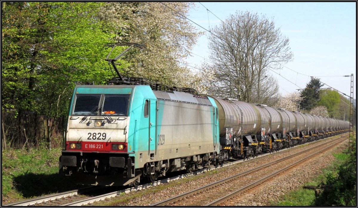 Die belgische Cobra 2829 befördert ihren Kesselwagenzug hinauf nach Belgien. Hier zu sehen unweit vom Dreiländereck bei Aachen auf der Montzenroute am 21.04.15.
