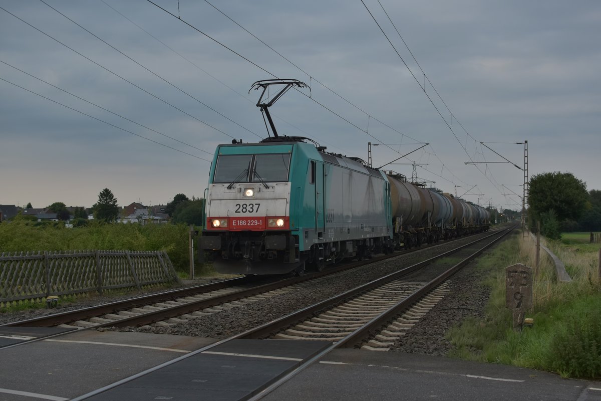 Die belgische Lok 2837 mit einem Kesselwagenzug bei Wickrathhahn am heutigen Abend gen Aachen/West fahrend. 21.8.2017 Das Bild wurde legal von hinter einer Absperrung(Rohrgitter)gemacht, wirkt nur durch das 35mm Objektiv so als würde man hinter der Schranke stehen. 
