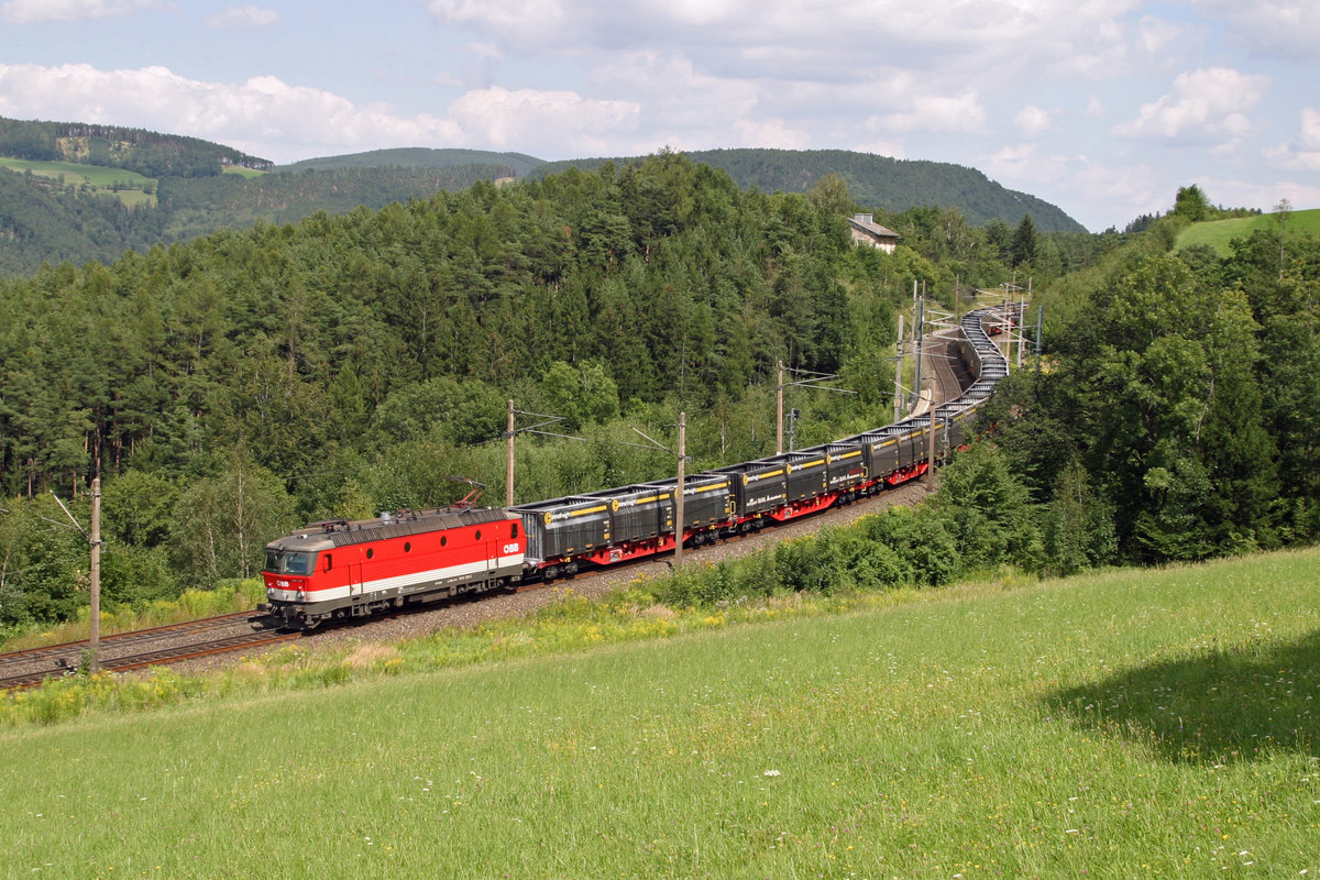 Die bestens gepflegte 1144.201 rollt mit GAG-47046 bei der Steinbauer-Wiese am Eichberg talwärts. 7.8.16