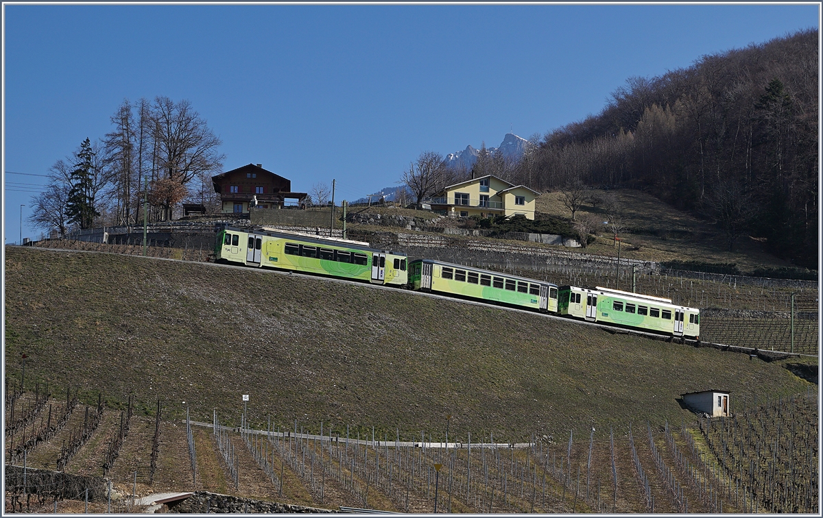 Die blauen ASD BDe 4/4 wurden recht zügig mit dem neuen, für alle TPC Fahrzeuge vorgesehenen Farbschema ausgestattet, und doch gibt es bereits in der Einheitsfarbgebung unterschiede, wie das schwarze Fenster-Farbband des BDe 4/4 401 im Gegensatz zum Bt und BDe 4e/4 403 zeigt. Der dreiteilige Regionalzug ist oberhalb von Aigge auf dem Weg nach Les Diablerets.

23. Februar 2019