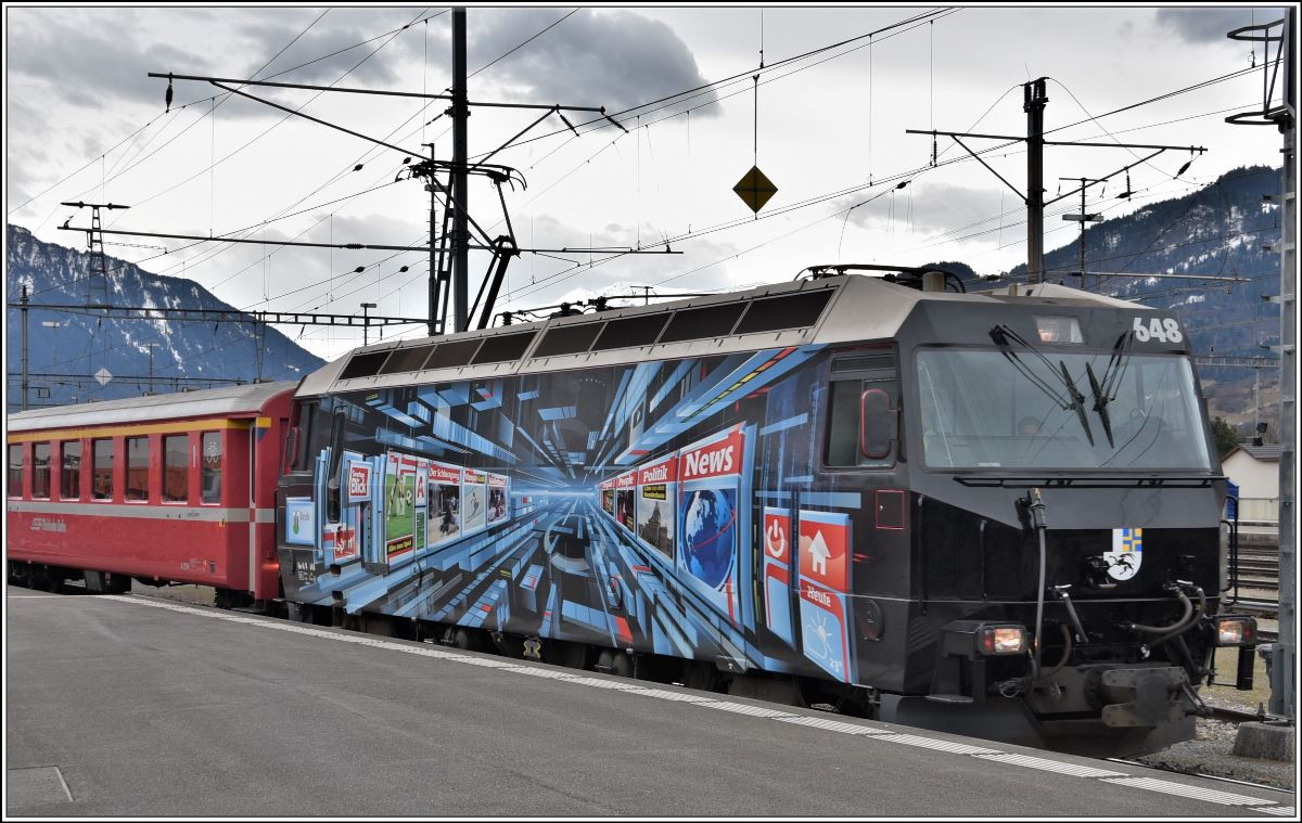 Die  Blick Lok Ge 4/4 III 648  Susch  in Landquart. (15.03.2018)