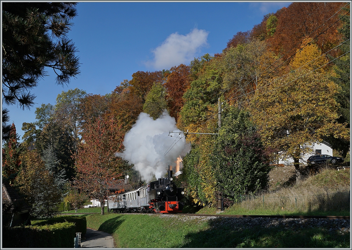 Die Blonay-Chamby Bahn beendet die Saison 2020 mit viel Dampf. Auch dieser Dampfzug mit der G 2x 2/2 und den einheitlich grau/Weisen Reisezugwagen gefiel mir sehr gut. 
Die G 2x 2/2 105 mit mit ihrem Zug kurz nach Blonay nach Chaulin (via Chamby) unterwegs.

24. Okt. 2020