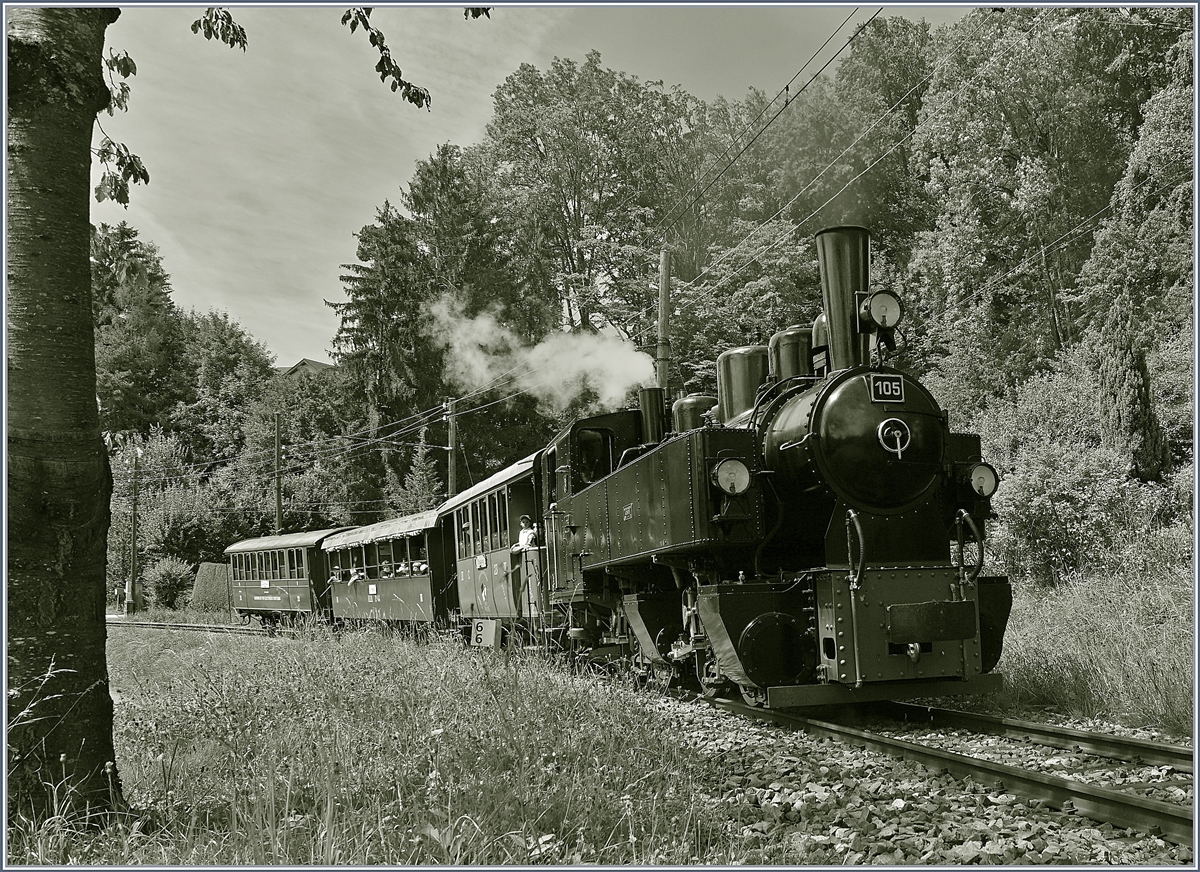 Die Blonay-Chamby G 2x 2/2 ist kurz nach der Abfahrt in Blonay mit ihrem Dampfzug auf dem Weg nach Chaulin.

26. Juli 2020