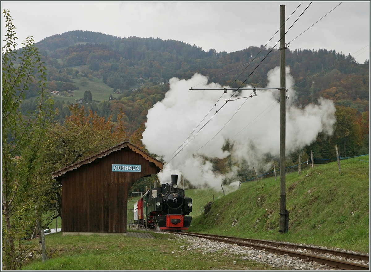 Die Blonay-Chamby G 2x 2/2 105 dampft mit ihrem Zug nach Chaulin die recht strak geneigte Strecke bei Cornaux hinauf. 

18. Okt. 2020