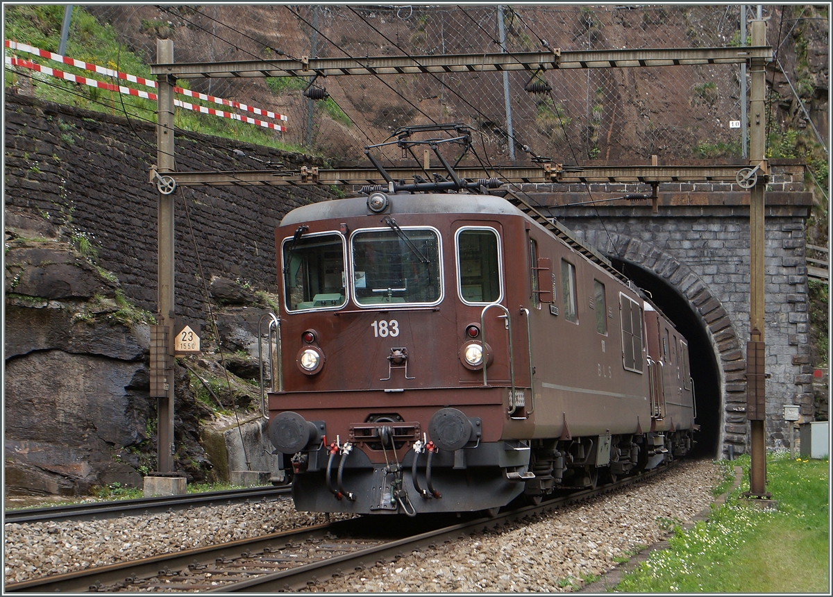 Die BLS Re 4/4 183 verlässt mit einer Schwesterlok und einem langen Güterzug den 1560 Meter langen Prato Kehrtunnel.
6. Mai 2014