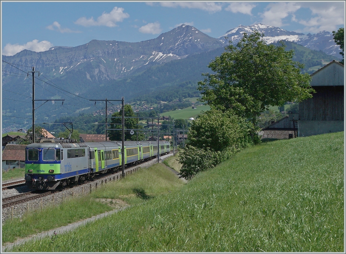 Die BLS Re 4/4 II 504 ist mit ihrem EW III RE 4077 von Interlaken Ost nach Zweisimmen unterwegs und zeigt sich hier zwischen Faulensee und Spiez. 

14. Juni 2021