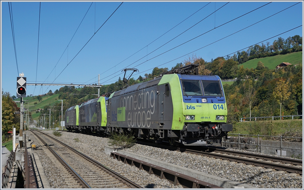 Die BLS Re 485 014-5 schleppt zwei weitere Loks dieser Baureihe bei Mülenen Richtung Süden.

10. Oktober 2018