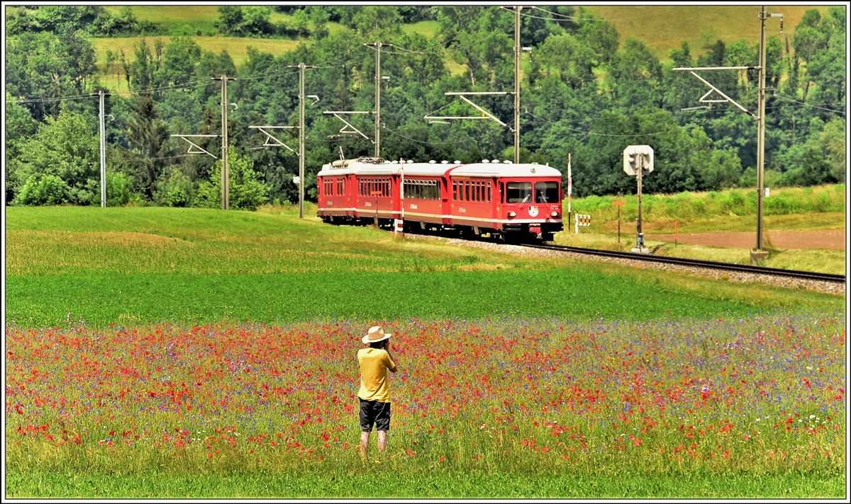 Die Blumenpracht bei Bonaduz lockt auch noch andere Fotografen an. S1 1521 nach Rhäzüns mit einem Be 4/4 Vorortspendel. (05.06.2018)