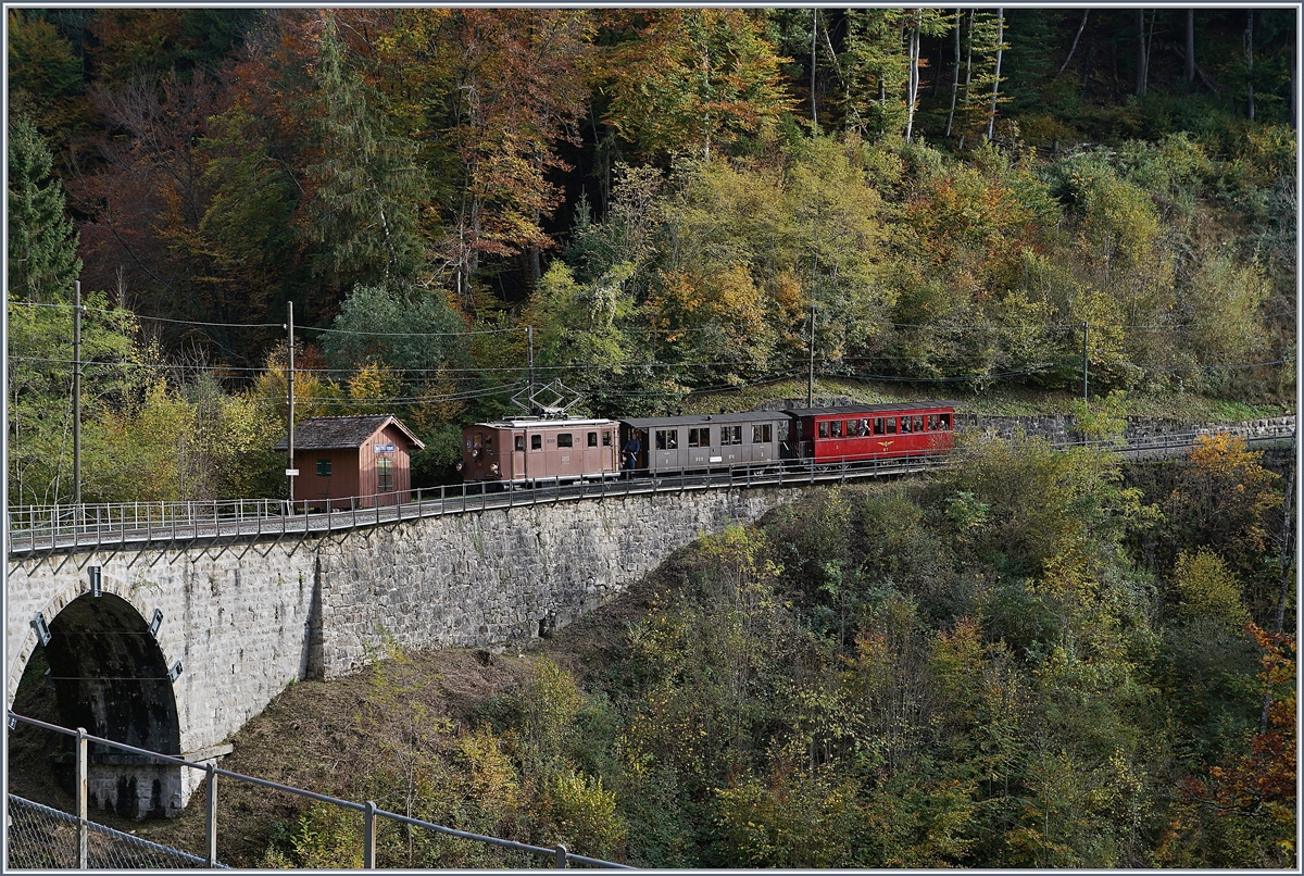 Die BOB HGe 3/3 29 mit dem BOB Kaiserwagen auf der Fahrt nach Blonay bei Vers chez Robert. Recht gut passt auch der NStCM Vierachser. 

27. Okt. 2019 Bahn 
