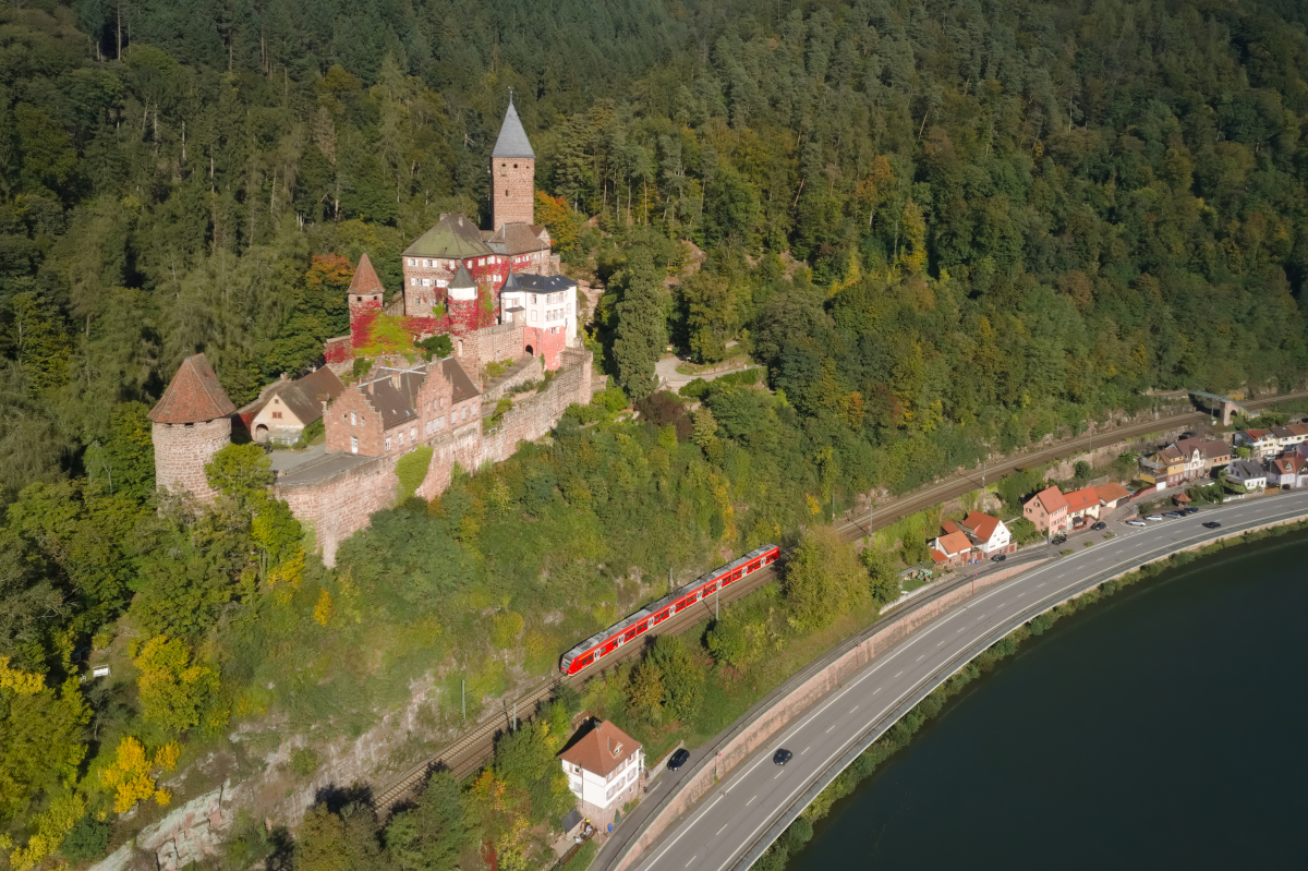 Die Burg Zwingenberg ist eine der schönsten Burganlagen im Neckartal. Am 09.10.2021 ist eine BR 425 als S1 unterhalb der Burg in Richtung Heidelberg unterwegs.