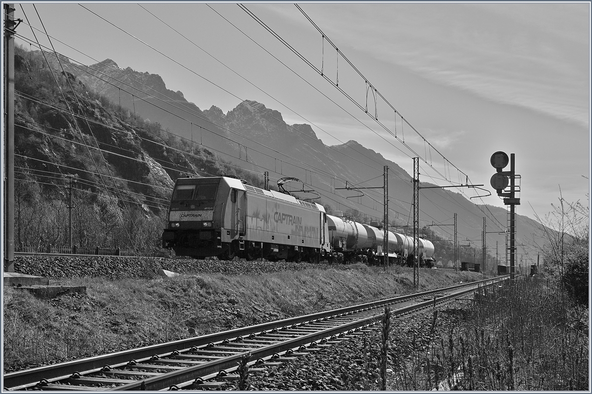 Die CAPTRAIN akiem E 483 311 mit einem kurzen Güterzug kurz vor Premosello auf der Fahrt Richtung Domo II.

8. April 2019
