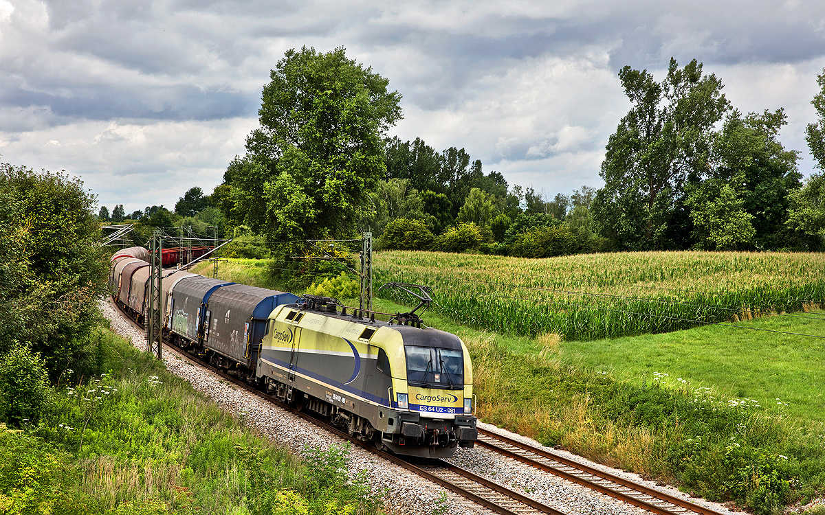 Die CargoServ ES 64 U2-081 fährt am 11.7.2017 in Langenisarhofen mit einem Stahlzug vorbei.