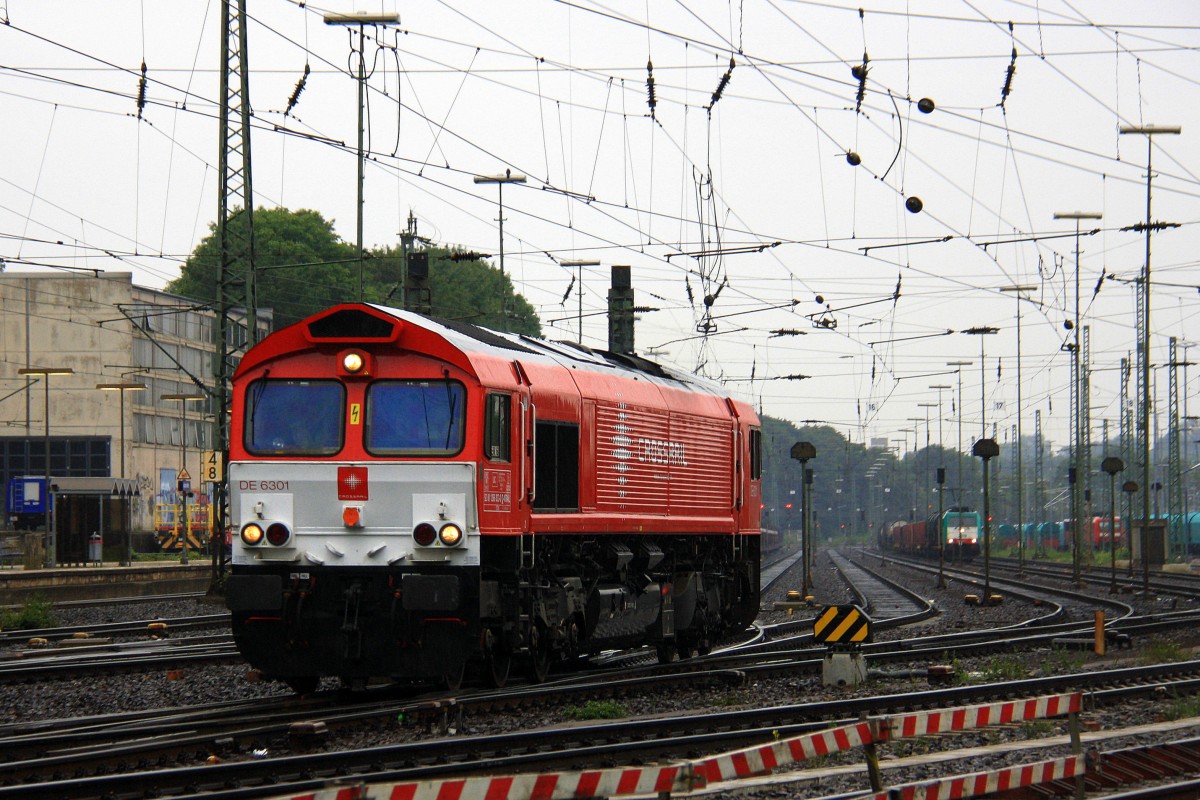 Die Class 66 DE6301  Debora  von Crossrail fhrt als Lokzug aus Aachen-West nach Montzen(B) bei Regenwetter am 7.9.2013.