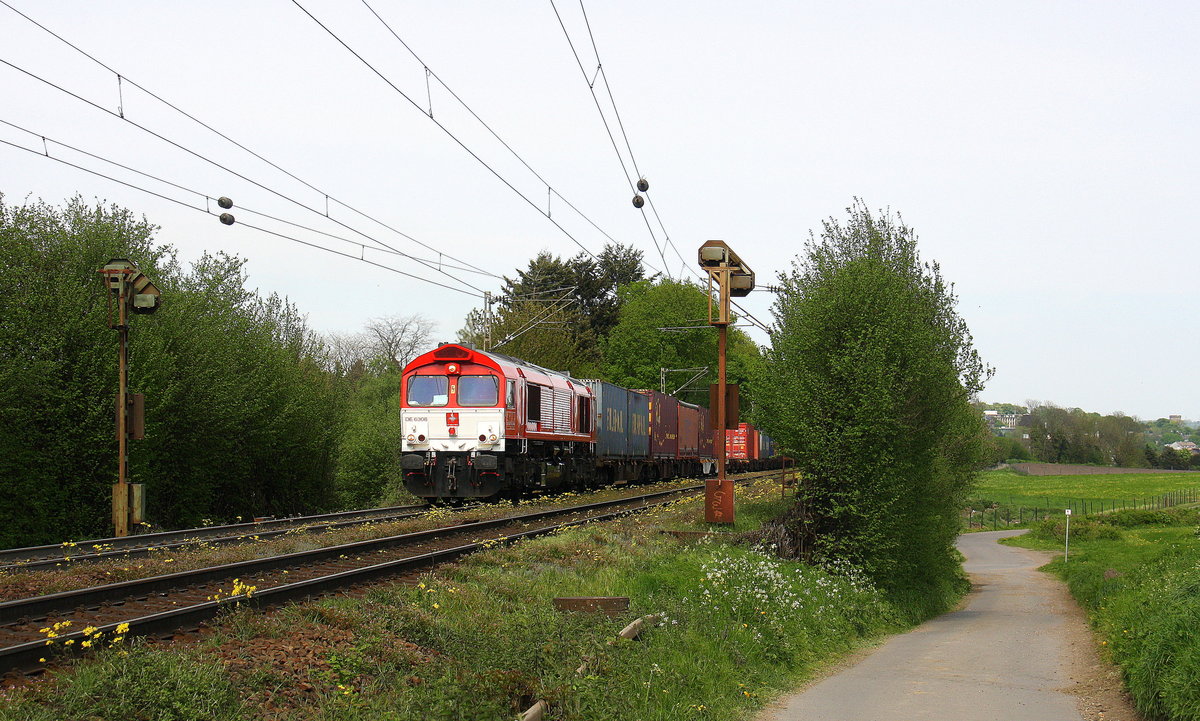 Die Class 66 DE6308  Anja  von Crossrail kommt mit viel Dieselpower die Gemmenicher-Rampe hochgefahren aus Richtung Aachen-West in Richtung Montzen/Belgien mit einem langen Containerzug aus Milano(I) nach Zeebrugge-Ramskapelle(B). Aufgenommen an der Montzenroute am Gemmenicher-Weg.
Bei schönem Sommerwetter am Nachmittag vom 9.5.2016.