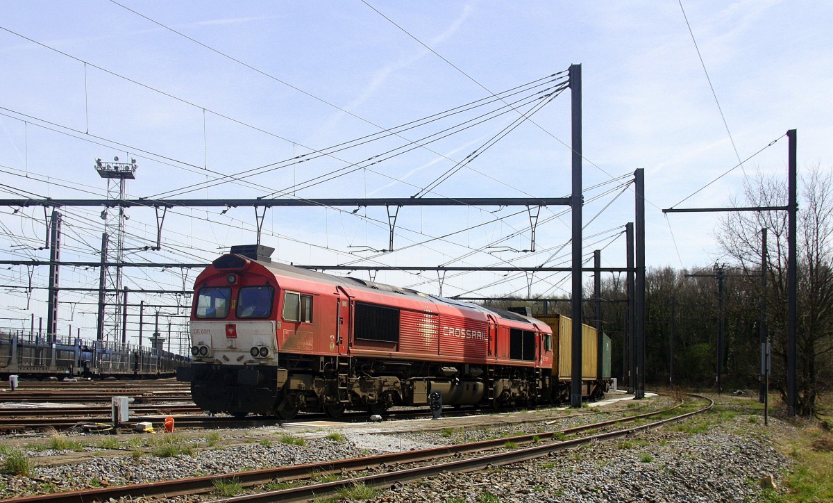 Die Class 66 DE6311  Hanna  von Crossrail steht mit einem langen MSC-Containerzug in Montzen-Gare(B).
Bei schönem Sonnenschein am Nachmittag vom 12.4.2015.