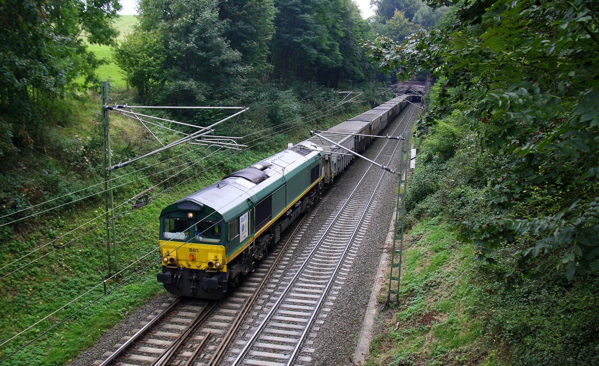 Die Class 66 PB01 von der Rurtalbahn-Cargo kommt aus dem Gemmenicher-Tunnel mit einem
Bleizug aus Antwerpen-Lillo(B) nach Stolberg-Hammer und fährt die Gemmenicher-Rampe nach Aachen-West runter.
Aufgenommen bei Reinartzkehl bei Regenwetter am 29.9.2014. 