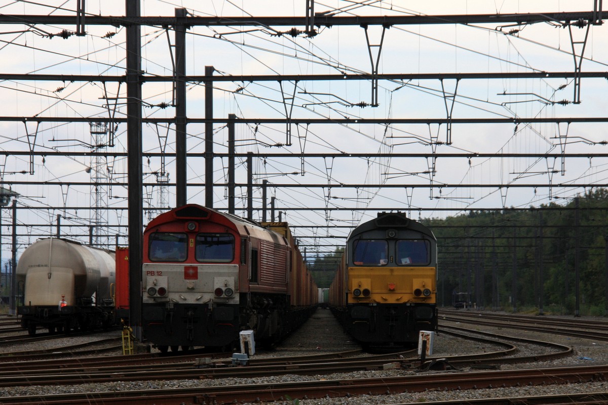 Die Class 66 PB12  Marleen  von Crossrail steht mit einem langen MSC-Containerzug und da neben steht die Class 66 DE6309 von DLC Railways steht  mit einem langen MSC-Containerzug in Montzen-Gare(B) bei Wolken am 13.10.2013.
