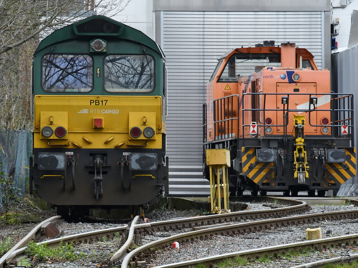 Die Class 66 PB17 der Rurtalbahn-Cargo und eine G 1206 von Northrail waren Anfang März 2019 in Hattingen zu sehen.