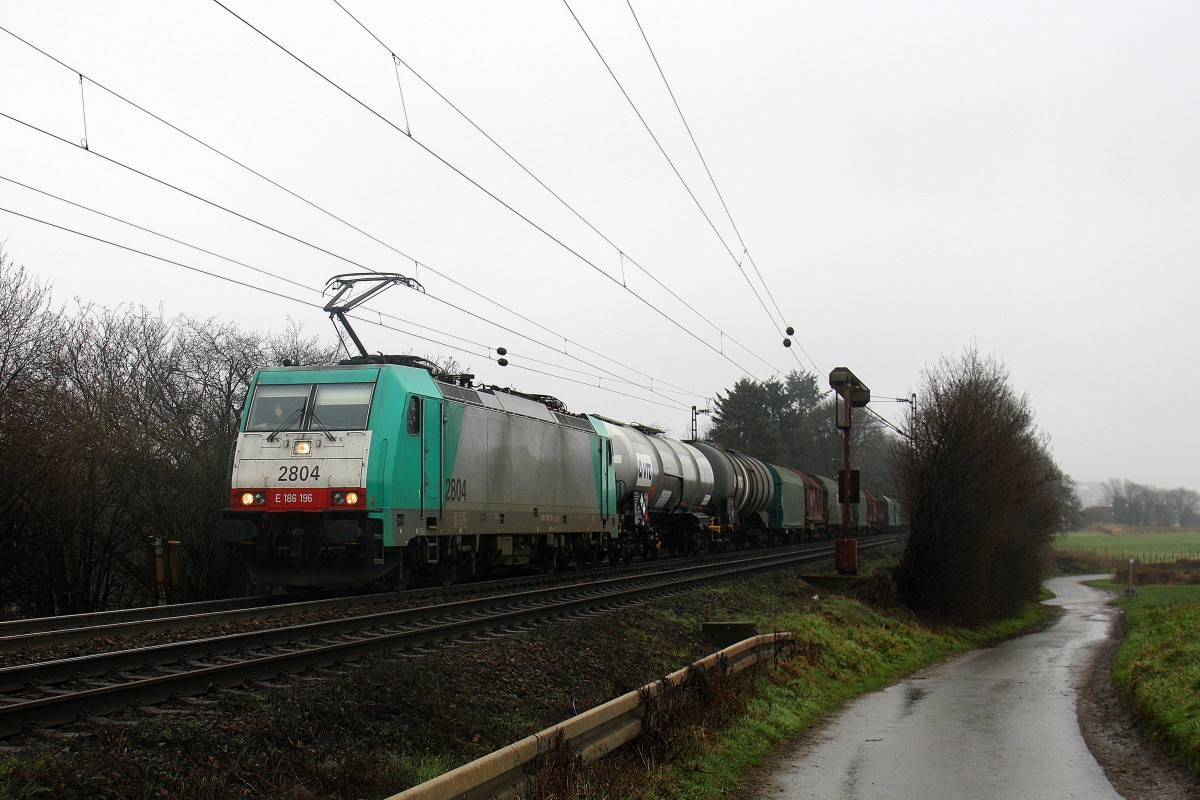 Die Cobra 2804 kommt aus Richtung Aachen-West und fährt die Gemmenicher-Rampe hoch mit einem Kurzen gemischten Güterzug aus Köln-Gremberg nach Antwerpen-Noord(B) aus Richtung Aachen-West und fährt in Richtung Gemmenicher-Tunnel,Botzelaer(B),Gemmenich(B),Nouvelaer(B),Moresnet(B),Moresnet-Chapelle(B),Montzen(B). Aufgenommen an der Gemmenicher-Rampe am Gemmenicher-Weg an der Montzenroute. 
Bei Niselregen am Vormittag vom 23.1.2016.