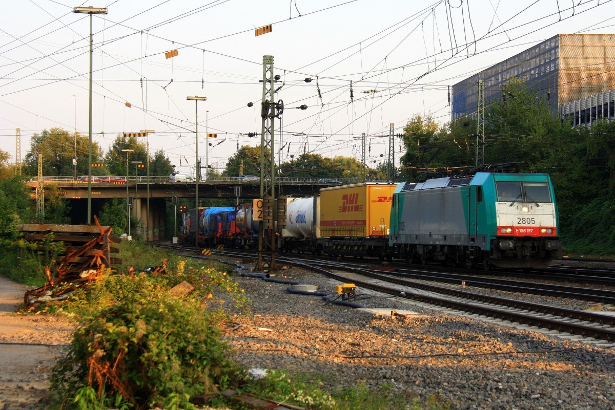 Die Cobra 2805 kommt aus Richtung Montzen/Belgien mit einem langen Containerzug aus Antwerpen-Oorderen(B) nach Gallarate(I) und f�hrt in Aachen-West ein am einem sch�nem Sommerabend am 3.9.2013.