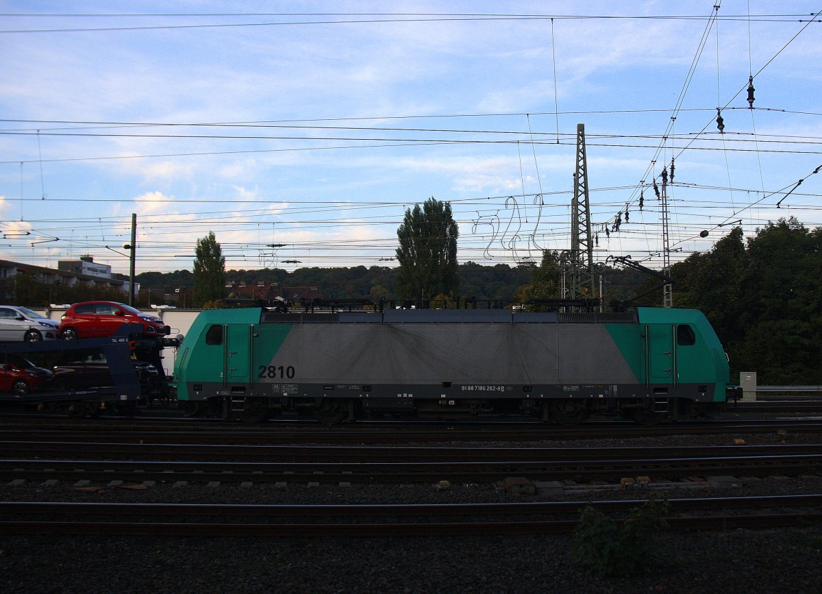 Die Cobra 2810  fährt mit einem langen Citroen-Auto-Zug aus Kolín(CZ) nach Zeebrugge-Pelikaan(B) bei der Ausfahrt aus Aachen-West in Richtung Montzen/Belgien.
Aufgenommen vom Bahnsteig in Aachen-West in der Abendsonne am Abend vom 28.9.2014.