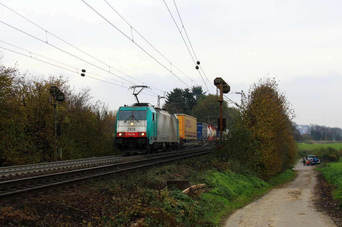Die Cobra 2814 kommt aus Richtung Aachen-West und fhrt die Gemmenicher-Rampe hochgefahren mit einem langen Containerzug aus Gallarate(I) nach Antwerpen-Oorderen(B) und fhrt in Richtung Montzen/Belgien. 
Aufgenommen an der Montzenroute am Gemmenicher-Weg bei Wolken am 17.11.2013.