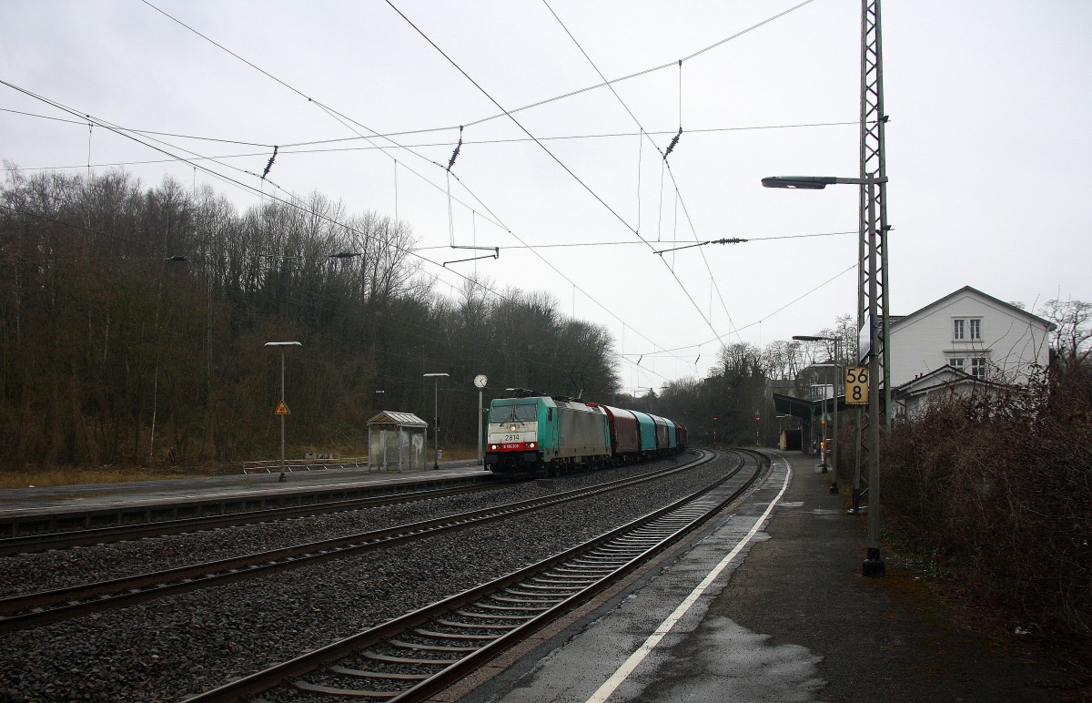Die Cobra 2814 kommt aus Richtung Aachen mit einem Kurzen Coilzug aus Kinkempois(B) nach Köln-Gremberg und fährt durch Eschweiler-Hbf und fährt in Richtung Köln. Aufgenommen vom Bahnsteig 1 in Eschweiler-Hbf. 
Am 28.3.2015.