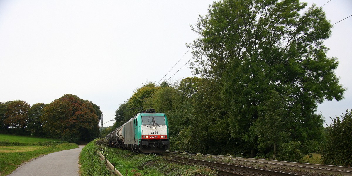 Die Cobra 2814 kommt die Gemmenicher-Rampe herunter nach Aachen-West mit einem  lagen Ölzug aus Antwerpen-Petrol(B) nach Basel(CH).
Aufgenommen an der Montzenroute am Gemmenicher-Weg bei Sonne und Wolken am Mittag vom 29.9.2014.
