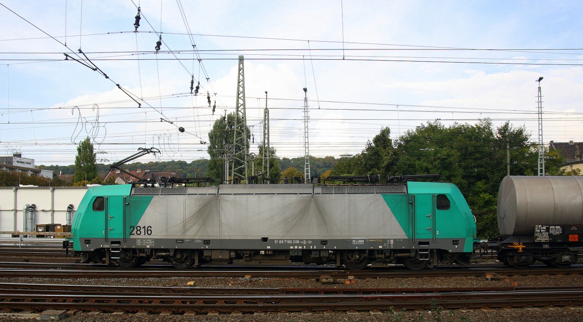 Die Cobra 2816  kommt aus Richtung Montzen/Belgien mit einem Kesselzug aus Antwerpen-BASF nach Ludwigshafen-BASF und fährt in Aachen-West ein.
Aufgenommen vom Bahnsteig in Aachen-West bei schönem Sonnenschein am Abend vom 19.9.2014.