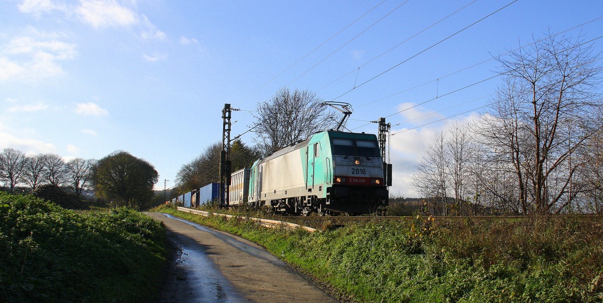 Die Cobra 2816 kommt die Gemmenicher-Rampe herunter nach Aachen-West mit einem langen Containerzug aus Antwerpen-Oorderen(B) nach  Gallarate(I).
Aufgenommen an der Montzenroute am Gemmenicher-Weg. 
Bei schönem Novemberwetter am 21.11.2015.