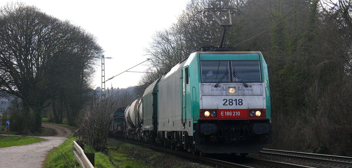 Die Cobra 2818 kommt die Gemmenicher-Rampe herunter nach Aachen-West mit einem gemischten Güterzug aus Antwerpen-Noord(B) nach Köln-Gremberg(D). 
Aufgenommen an der Gemmenicher-Rampe am Gemmenicher-Weg an der Montzenroute. 
Bei schönem Sonnenschein am Nachmittag vom 23.3.2017.