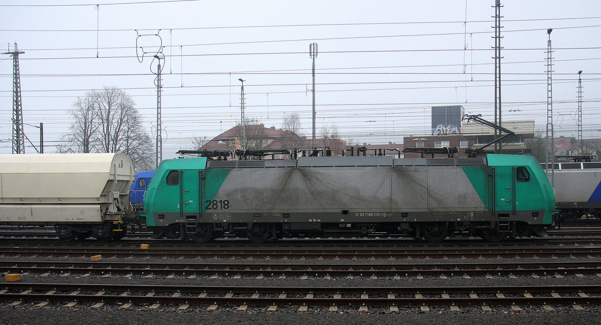 Die Cobra 2818 steht in Aachen-West mit einem Kalkleerzug aus Millingen(D) nach Yves-Gomezee(B) und wartet auf die Weiterfahrt nach Belgien. 
Aufgenommen vom Bahnsteig in Aachen-West. 
Bei Regenwetter am Kalten Nachhmittag vom 17.12.2016.