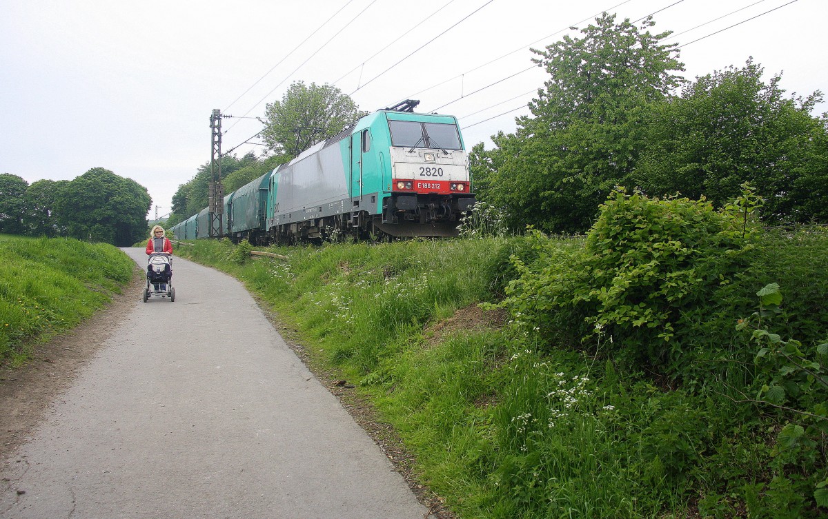 Die Cobra 2820 kommt die Gemmenicher-Rampe herunter nach Aachen-West mit einem Kurzen Coilzug aus Kinkempois(B) nach Köln-Gremberg. Aufgenommen an der Montzenroute am Gemmenicher-Weg.
Bei Regenwolken am 16.5.2015.